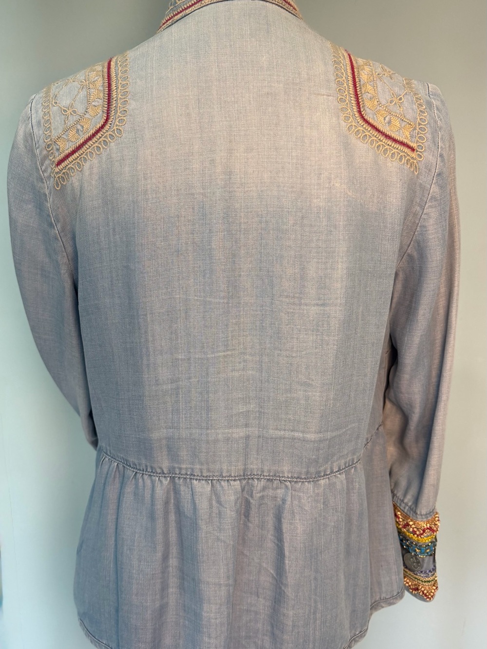 Chico's Light Blue Embroidered Denim Jacket with Beaded Coin Cuffs - Picture 2 of 4
